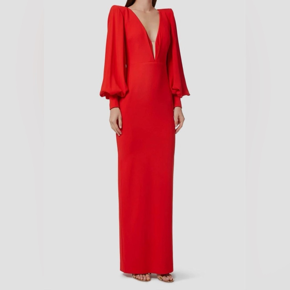 $2400 Alex Perry Women's Red Silk V-Neck Crepe Carlin Gown Dress Size 12 Long